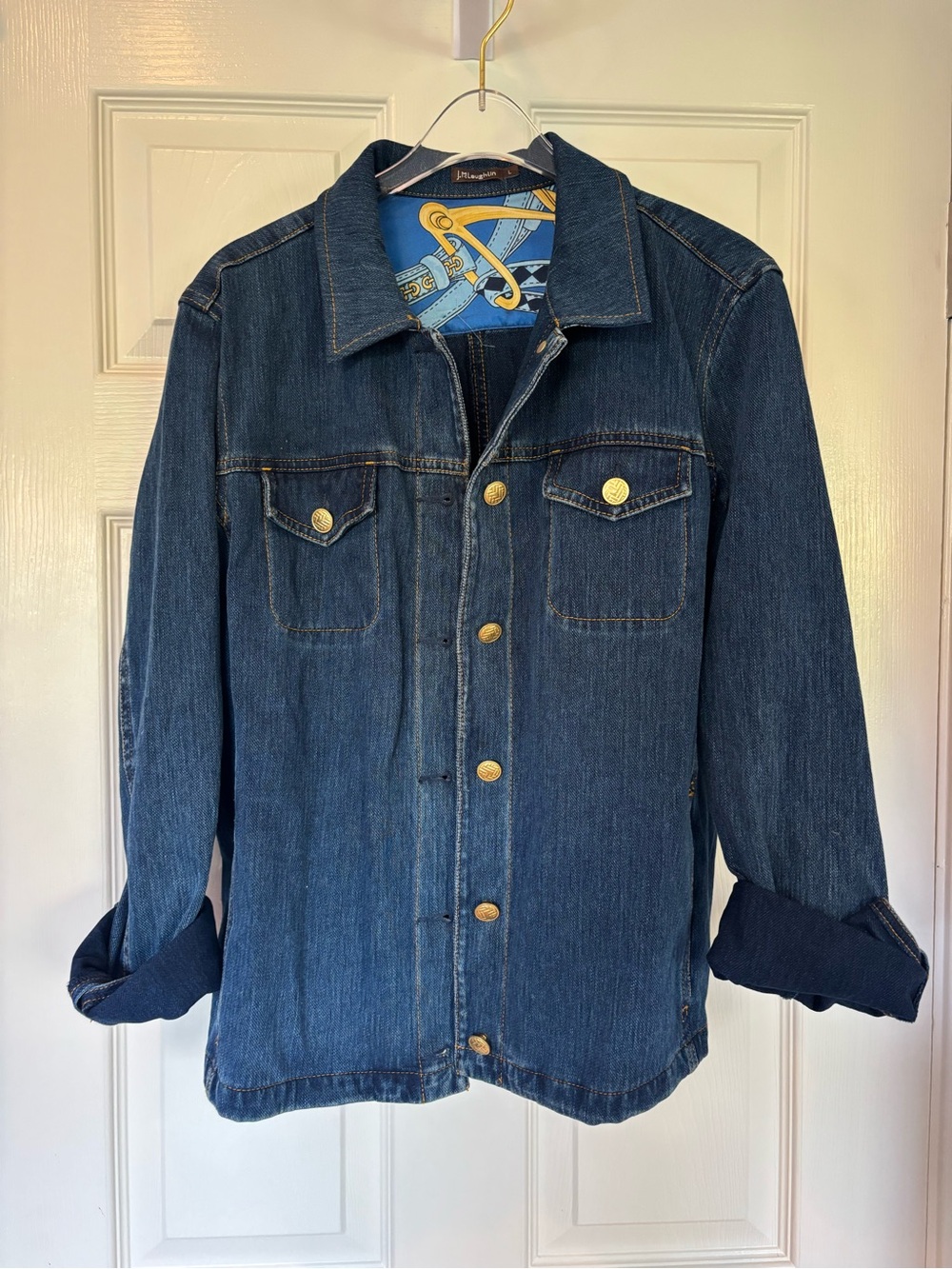 J. McLaughlin Denim Jacket w/ Scarf Print Lining - Size Large